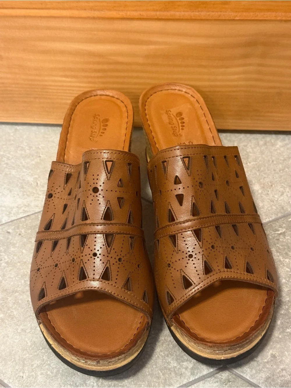 SpringStep NEW Fusawedge Brown Leather Cut Out Cork Sole Wedge Sandals 41/9.5-10